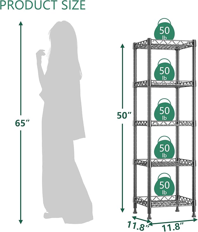 GIOTORENT 5 Tier Standing Shelving Metal Units, Adjustable Height Wire Shelf Display Rack for Laundry Bathroom Kitchen 11.8 W x 11.8 D x 50 H (5-Tier, Black)