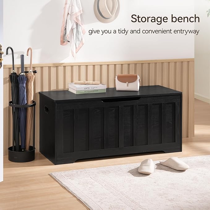 VANKILEY 43.3" Storage Chest Extra Large,Storage Trunk with 2 Safety Hinges,Wooden Storage Bench,Shoe Bench,43.3x15.7x19.1 Inch,Easy Assembly,Storage Bench for Bedroom,Living Room,entryway(Black).