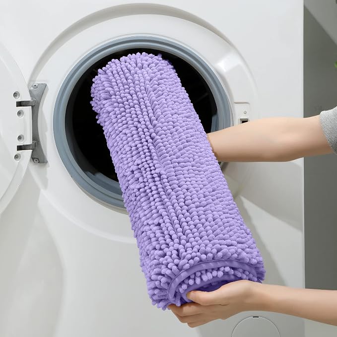 HOMEIDEAS 3 Pieces Bathroom Rugs, Ultra Soft Non Slip Absorbent Chenille Toilet Bath Mat Set (Lavender)