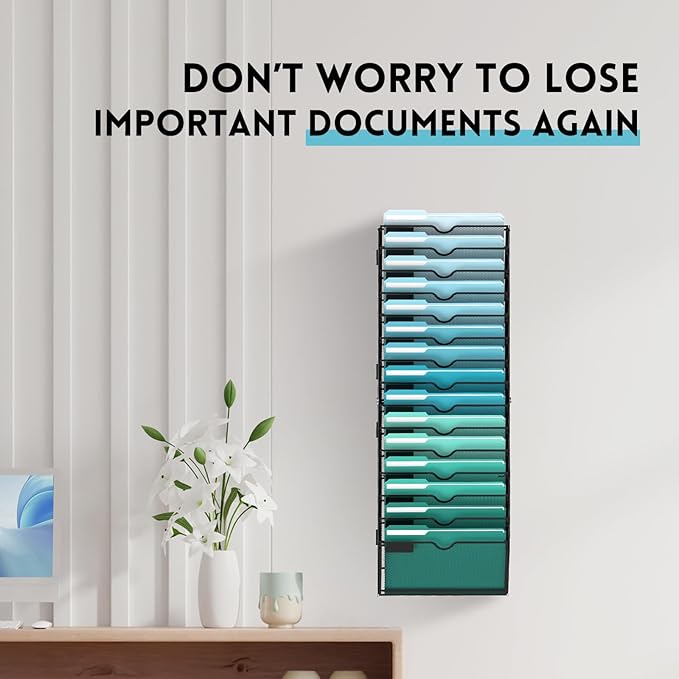 SUPEASY 15-Tier Wall File Organizer, Hanging Wall Files for Papers, Folders, Magazines, Clipboard, Wall Organizer for Office Home School Classroom, Black