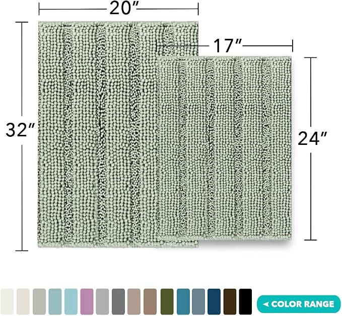 Turquoize Chenille Bath Rugs Shaggy Bathroom Rugs Non Slip Bath Rugs for Bathroom 20 x 32 and 17 x 24 Sage Bath Rug Extra Soft and Absorbent Area Rug, (20" x 32" and 17" x 24"), Sage