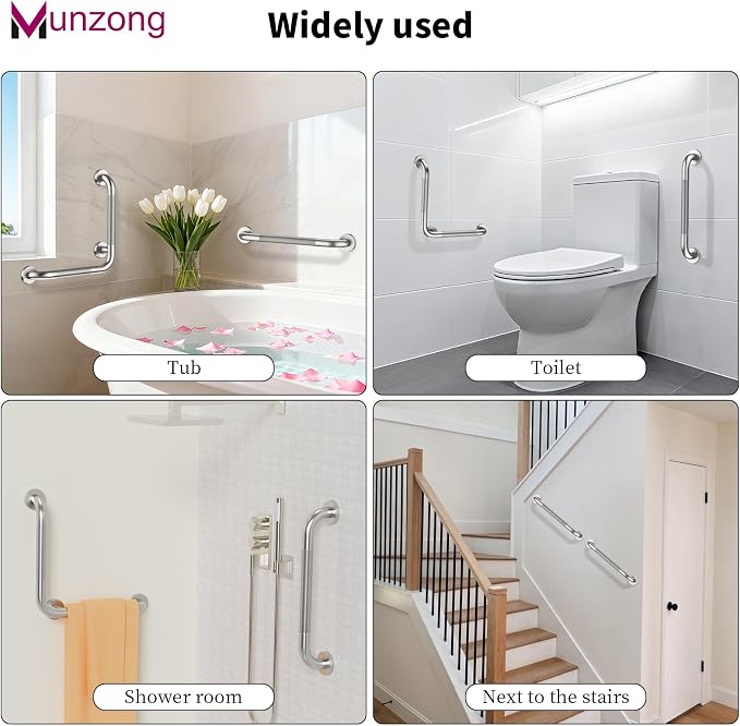 16 Inch Anti Slip Angled Shower Grab Bars with Munzong 20 Inch Stainless Steel Bathroom Grab Bar Brushed Nickel Toilet Handicap Grab Rail Knurled Safety Handle Support Elderly Injury Senior Bath