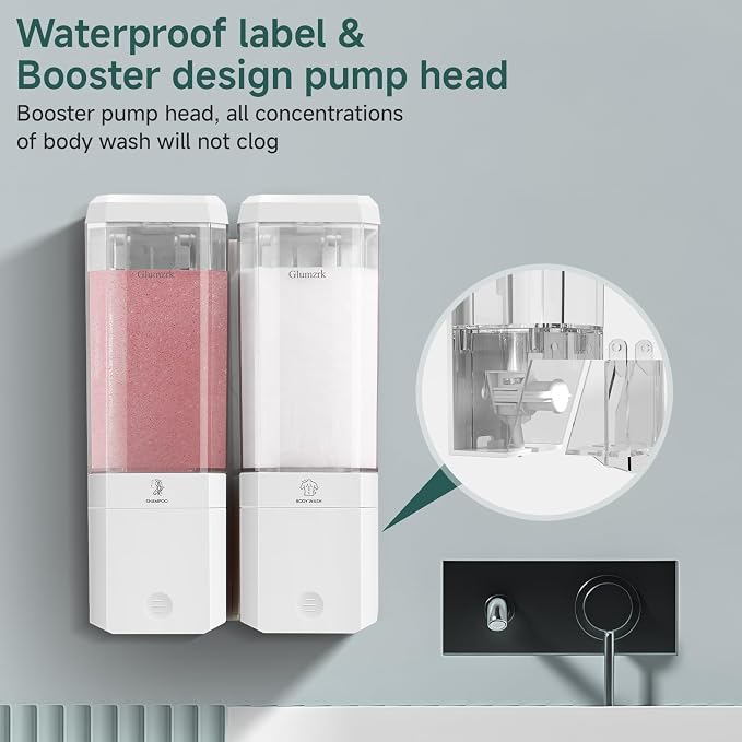 Shampoo and Conditioner Dispenser 2 Chamber No Drill Shampoo Dispenser for Shower Wall Mounted Shower Soap Dispenser 2 * 500ml Refillable Shower Dispenser for Bathroom Hotel,White