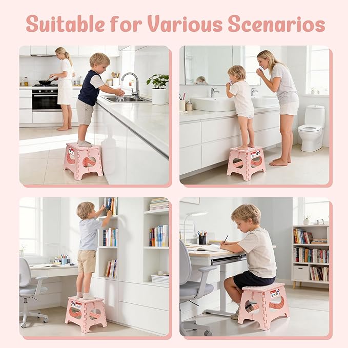ACSTEP Folding Step Stool 11 Inch, Sturdy Plastic Foldable Step Stool for Kids & Adults, Non Slip Lightweight Collapsible Foot Stools Holds 300 lbs, Ideal for Kitchen, Bathroom, Bedroom, Light Pink