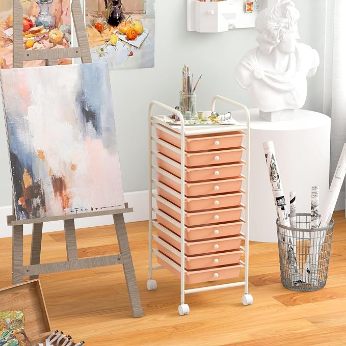 10-Drawer Rolling Storage Cart, Trolley w/Lockable 360° Wheels, 10 Removable PP Drawers, Sturdy Metal Frame, Rolling Utility Cart Perfect for Home, Office, Classroom (Peach Fuzz)