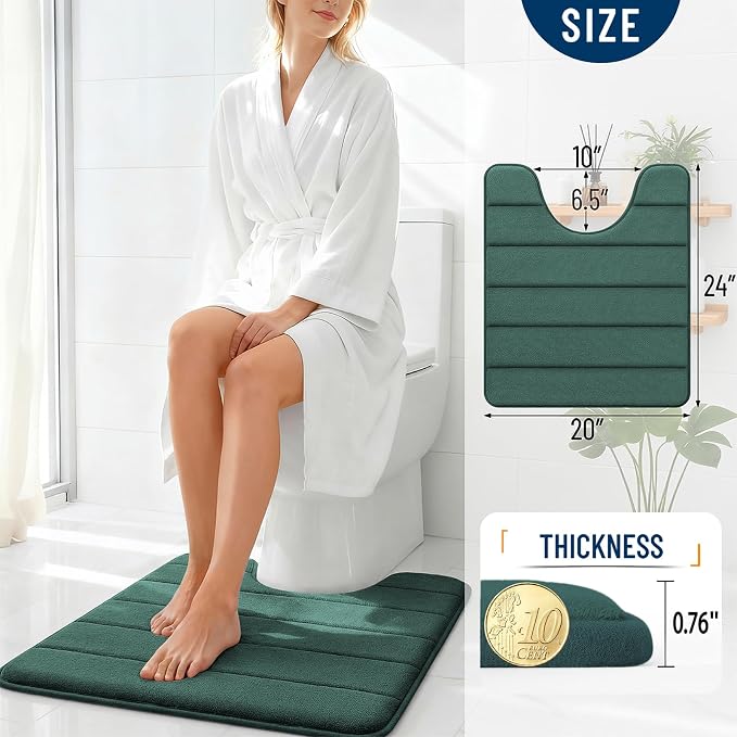 OLANLY Memory Foam Toilet Rugs U Shaped 24x20, Super Soft Absorbent Contour Bath Rugs, Quick Dry Machine Washable Toilet Mat, Bathmat Carpet, Bathroom Home Decor Accessories, Blackish Green