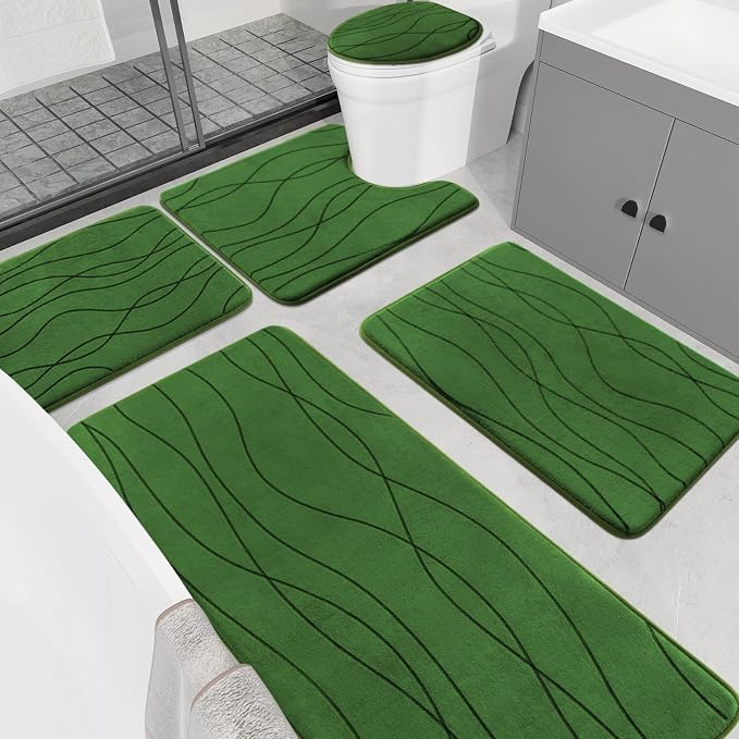 YIHOUSE Memory Foam Bathroom Rug Sets, Glass Green, 5 Pieces | Ultra Soft, Absorbent, Non-Slip, Machine Washable