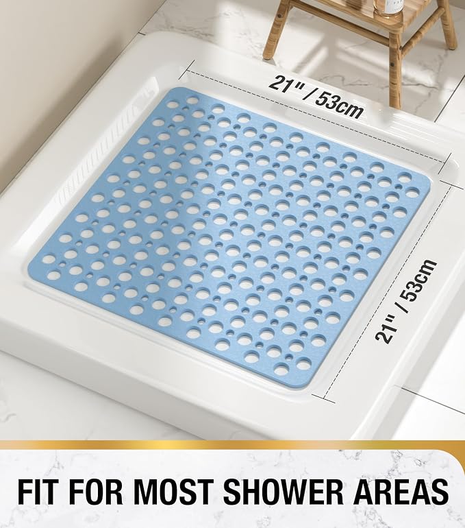 HITSLAM Shower Mat Anti Slip, 21x21 Inch No Odor Soft TPE Bathroom Shower Stall Floor Mat, Square Bath Mat for Tub Non Slip with Suction Cups and Drain Holes, Machine Washable, Soft on Feet, Blue