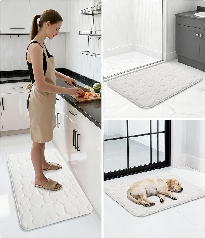 YIHOUSE Memory Foam Bath Mat Cobblestone Bathroom Rugs Super Water Absorbent Bath Mats for Bathroom Machine Washable Bath Rugs(24 x 36,White)