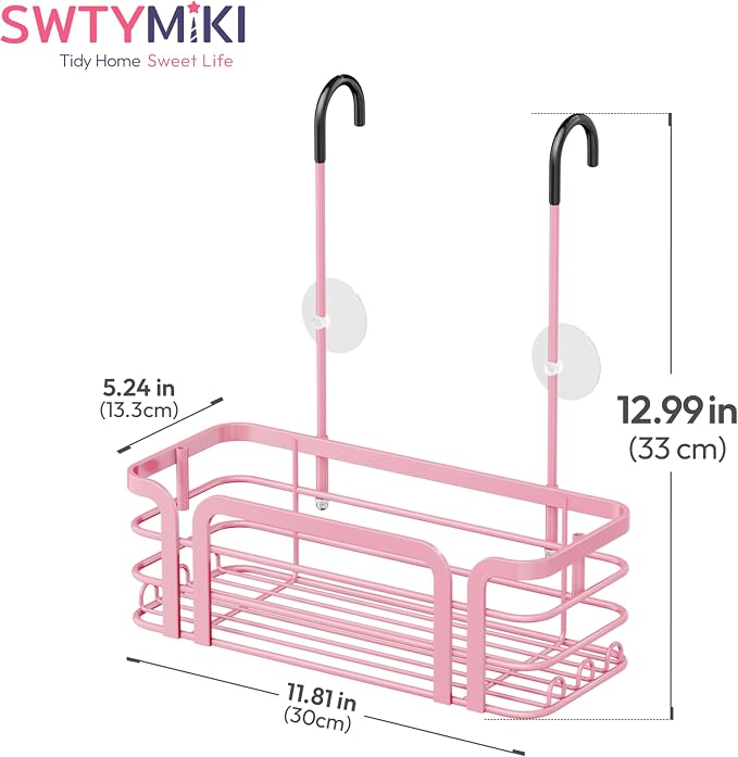 SWTYMIKI Shower Caddy Hanging Organizer - Over the Door Shower Caddy with 6 Hooks, 2 Installation Ways, Stainless Steel Rustproof Bathroom Organizer, Pink Small