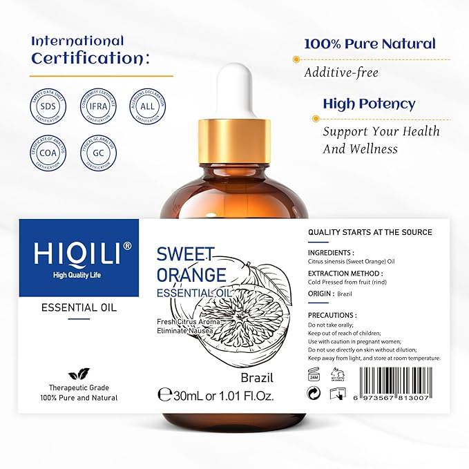 HIQILI 30ml Pure Sweet Orange Essential Oil, 100% Natural - 1 fl oz | Aromatherapy for Diffusers & Air Freshening, Skin Care, DIY for Cleaning Spray, Hand Soap,Candle & Soap