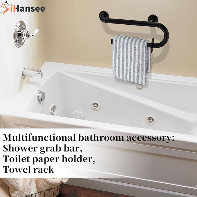 𝐔𝐩𝐠𝐫𝐚𝐝𝐞𝐝 Toilet Grab Bars 16 Inch - Toilet Paper Holder Grab Bar Stainless Steel Knurled Toilet Grab Bars for Seniors Bathtub Bathroom Rails for Elderly Bath Safety Balance Support, Black