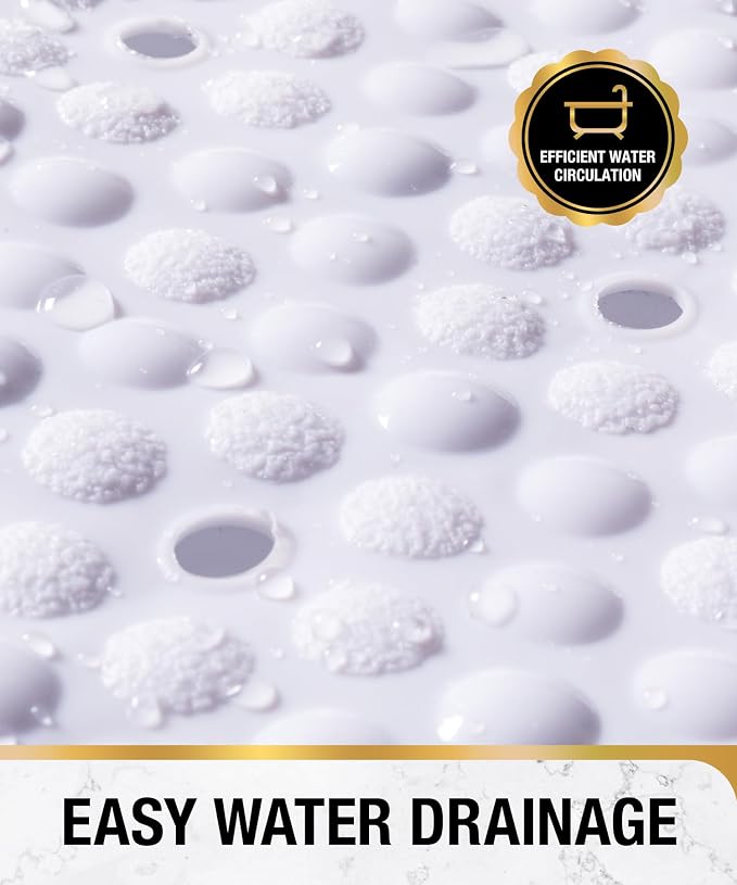 HITSLAM Non Slip Bathtub Mat, 27x15 Inch Bath Mat for Tub with Suction Cups and Drainage Holes, Machine Washable Oval Shower Mat for Kids, Seniors and Daily Use, Phthalate Free PVC, White