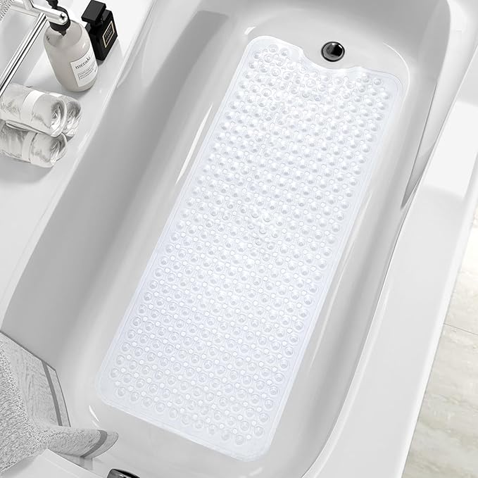 MOONFLY Shower and Bathtub Mat,40x16 Inches,Extra Long Non Slip Mats with Suction Cups and Drain Holes, Machine Washable and Anti Slip Bathmats, Bathroom Mats for Tub Nonslip (Clear)