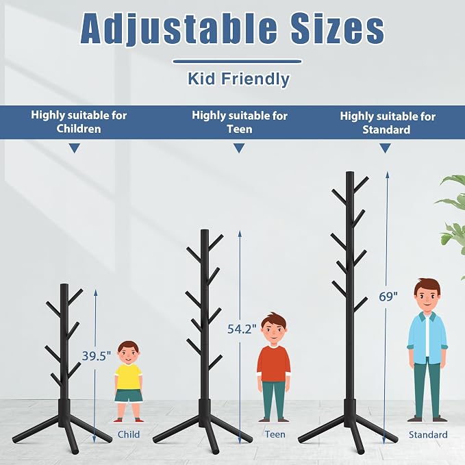 Haddockway Wooden Coat Rack Stand with 8 Hooks New Zealand Pine 3 Adjustable Coat Standing Tree Easy Assembly for Coats, Hats, Scarves and Handbags for Entryway, Hallway, Bedroom, Office,2 PCS