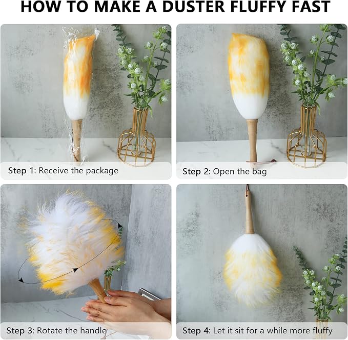 Lambs Wool Duster for Cleaning Window Blinds Computer Furniture TV Computer Screens Bookshelves Solid Wooden Handle Natural Feather Duster,16'', Yellow&White