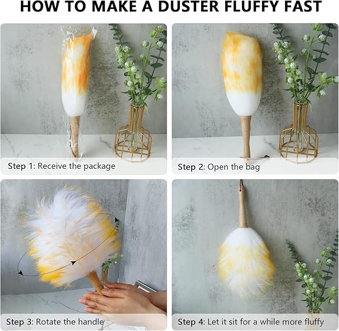 Lambswool Duster 14'' Length Solid Wooden Handle Leather Hang Strap for Cleaning Ceiling Fans Window Blinds Computer Furniture Figurines TV Natural Feather Duster,Yellow+White