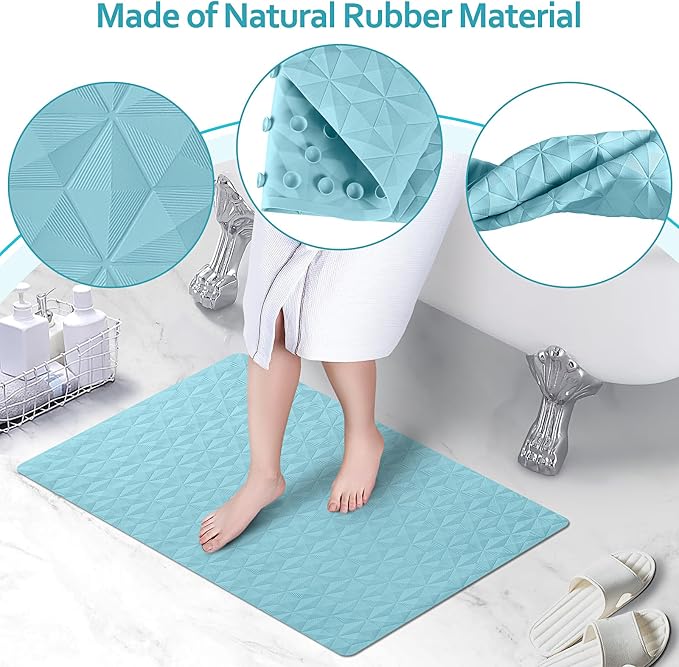 Bathtub Mat Non Slip - Natural Rubber Bath Tub Shower Safety Mat - 16 x 28 Inch Shower Mats with Suction Cups - Delicate Diamond Pattern - Softer - BPA Free - Machine Washable - Elegant Blue