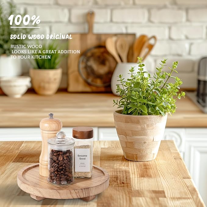 Round Decorative Tray Wood Bathroom Counter Organizer Farmhouse Kitchen Decor Wooden Riser for Soap Dish, Perfume, Candle, Sponge, 8" - Brown