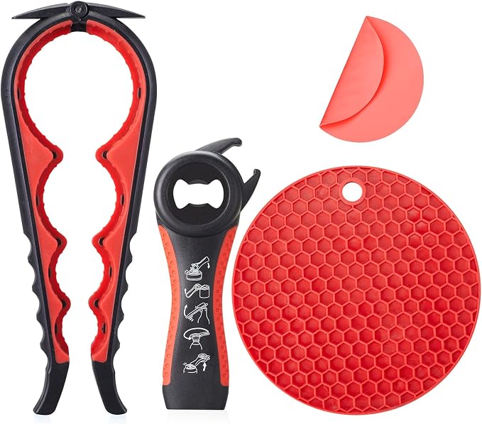 Jar Bottle Opener for Weak Hands,4 &5 in 1 Multi Function Non-Slip Can Lid Opener Tools with Silicone Jar Gripper Pad,Suitable for Seniors,Children and Arthritic Hands (Red)