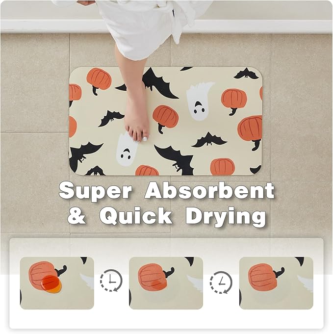 TYUU Halloween Bath Mat, Thin Bathroom Rug Non Slip Quick Dry Pumpkin Bath Mat Fits Under Door Thin Floor Mat Halloween Decor, 24''x36'', Pumpkins Bats and Ghost