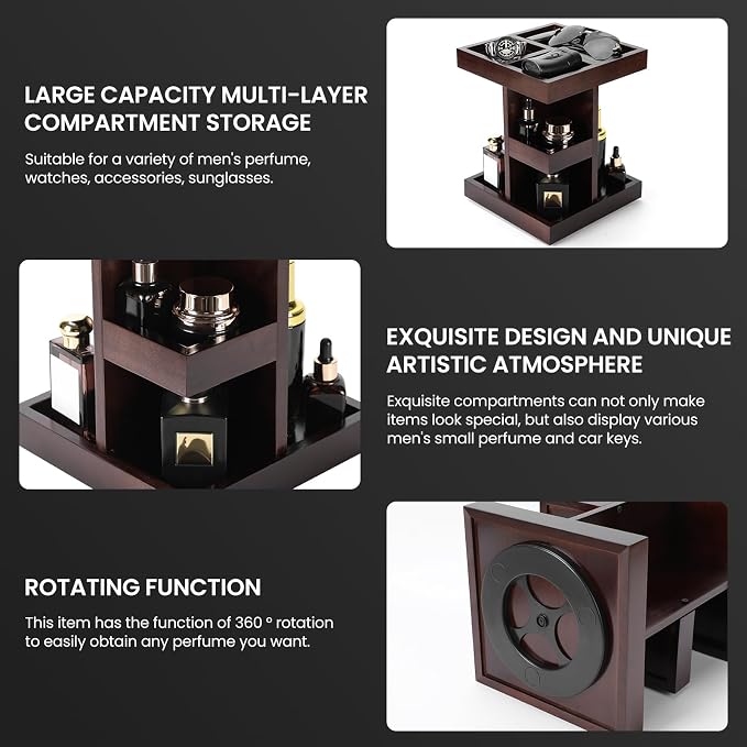 EXIN DECHEN Cologne Organizer for Men,Cologne Stand,3 Tier Wooden Perfume Shelf with Rotate,Desk Organizer,Gift for Dad From Wife,Husband Boyfriend Birthday Gift Ideas,Fathers Day Gift for Men