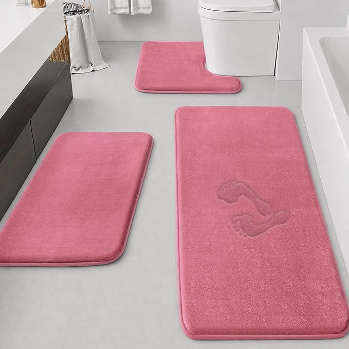 HUXMEYSON Bathroom Rugs Sets 3 Piece, Non-Slip & Quick Dry Bath Mat Set, Ultra Soft Velvet Bath Rugs for Bathroom, Toilet and Shower Floor, Pink