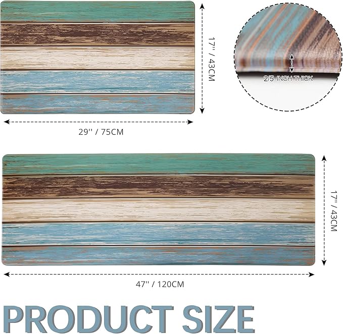 MAYHMYO Kitchen Rugs and Mats Set of 2 Teal Farmhouse Anti Fatigue Mat PVC Non Slip Retro Rustic Wood Texture Kitchen Mats for Floor,17.3 x 29 x 0.4 inch + 17.3 x 47 x 0.4 inch