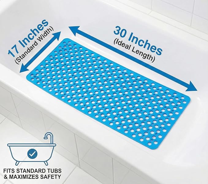 Nonslip Bathtub Mat Extra Soft TPE Bath Mat for Kids, Machine Washable Bathroom Shower Mat, Smooth/Non-Textured Tubs Only, 30L x 17W Inch (Lake Blue)