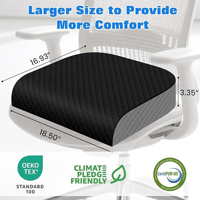Seat Cushion for Office Chair, Memory Foam Chair Cushions, Car Seat Cushion for Long Sitting, Desk Chair Cushion for Pressure Relief, Non-Slip Bottom, Washable Cover, X-Large, Black