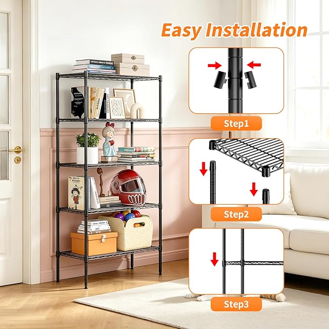 BestOffice | 5-Tier Wire Storage Shelves with Wheels | 14 x 30 x 61 | Black | with Adjustable Racks | Heavy-Duty Metal Shelf, Holds Upto 1250 lbs | No-Tool Assembly | Ideal for Home & Garage Shelving