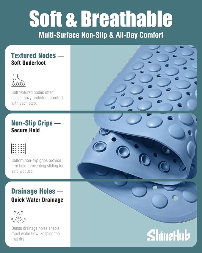 Non Slip TPE Bath Mat, Heavy Non Floating Shower Mat, 28x16, Blue | Strong grip, 166 suctions, 144 drains, 7mm extra-thick cushioned layer, washable, for bathroom shower tub floor