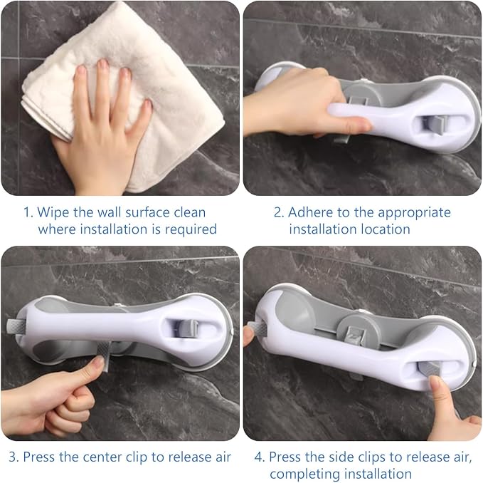 2-Pack Grab Bars for Shower :3 Strong Suction Cups, No-Drill Removable Bathroom Handrails for Seniors and Disabled Waterproof Shower Grab Bar for Toilet, Tub & Shower