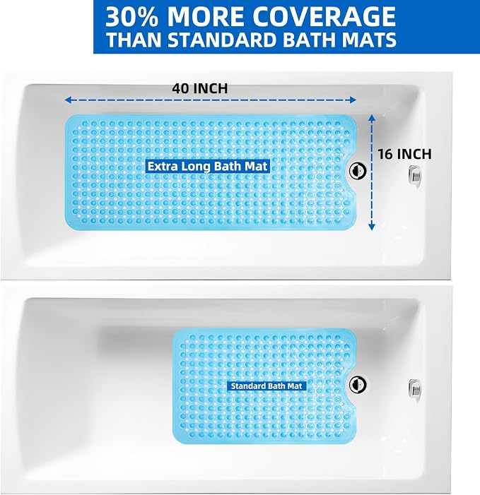 MOONFLY Shower and Bathtub Mat,40x16 Inches,Extra Long Non Slip Mats with Suction Cups and Drain Holes, Machine Washable and Anti Slip Bathmats, Bathroom Mats for Tub Nonslip (Clear Blue)