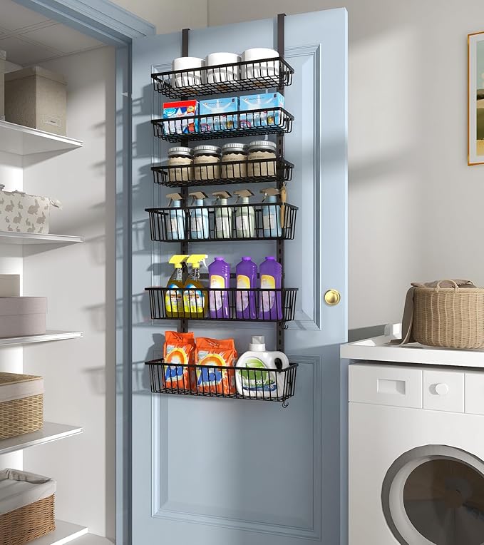 Mefirt Over The Door Pantry Organizer, Pantry Organization and Storage, 6-Tier Deep Baskets Hanging Heavy-Duty Metal, Wall Spice Rack Seasoning Shelves for Home & Kitchen, Laundry Room Bathroom, Black