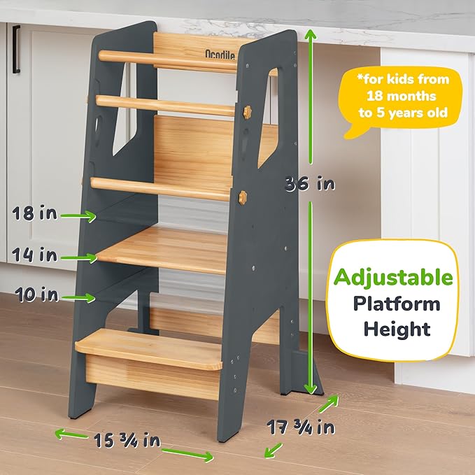 OCODILE Toddler Standing Tower - Adjustable Height Toddler Kitchen Stool Helper - Ideal Kids Kitchen Step Stool for Learning New Skills - Extra Secure with Safety Feet - Gray