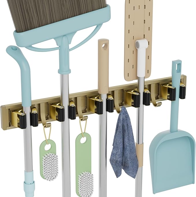 reliahom Broom Holder Wall Mount, 5 Racks with 4 Hooks Bronze - Mop Storage Tool Racks, Broom Hanger Tool Organizer for Garage, Kitchen, Garden, Laundry Room