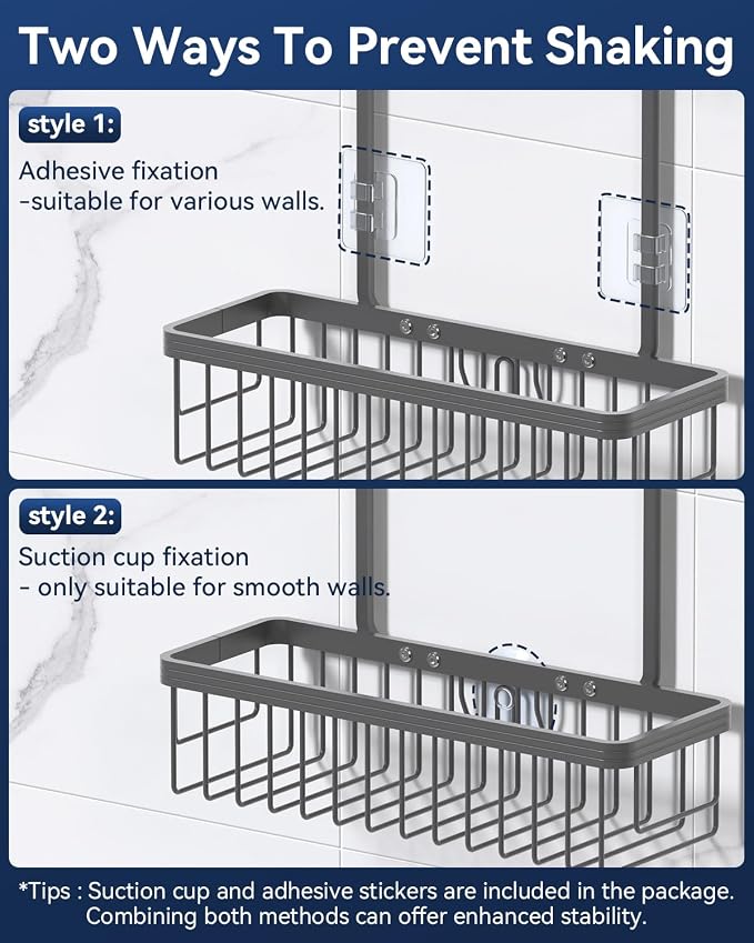 YASONIC Never Rust Shower Caddy Hanging, Aluminum Shower Racks for Inside Shower, 2-Tier Shower Organizer Hanging Over Shower Head with Hooks and Soap Holder, Grey