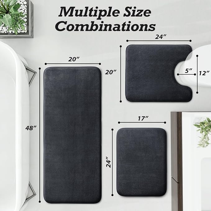 HUXMEYSON Bathroom Rugs Sets 3 Piece, Non-Slip & Quick Dry Bath Mat Set, Ultra Soft Velvet Bath Rugs for Bathroom, Toilet and Shower Floor, Dark Grey