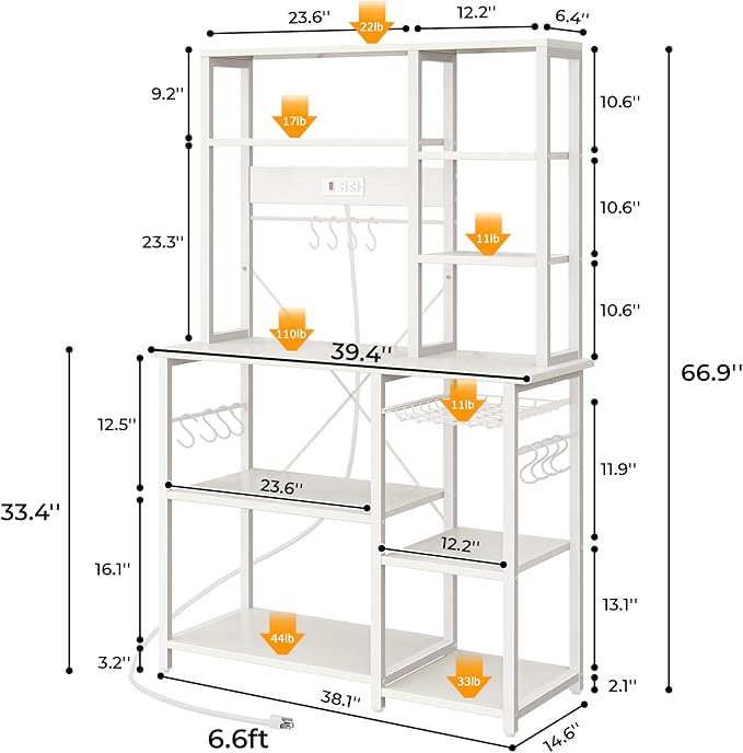 SUPERJARE Large Bakers Rack with Power Outlets, 6-Tier Microwave Stand, Coffee Bar with 12 S-Shaped Hooks, Kitchen Shelf with Wire Basket, 39.4 x 14.6X 66.9 Inches, White