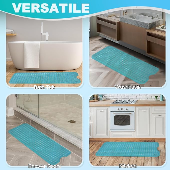 Bathtub and Shower Mats, 40x16 Inch Extra Large Non Slip Soft Bath Tub Mat with Suction Cups and Drain Holes for Bathroom Floor and Keep Tubs Clean, Machine Washable, Clear Turquoise