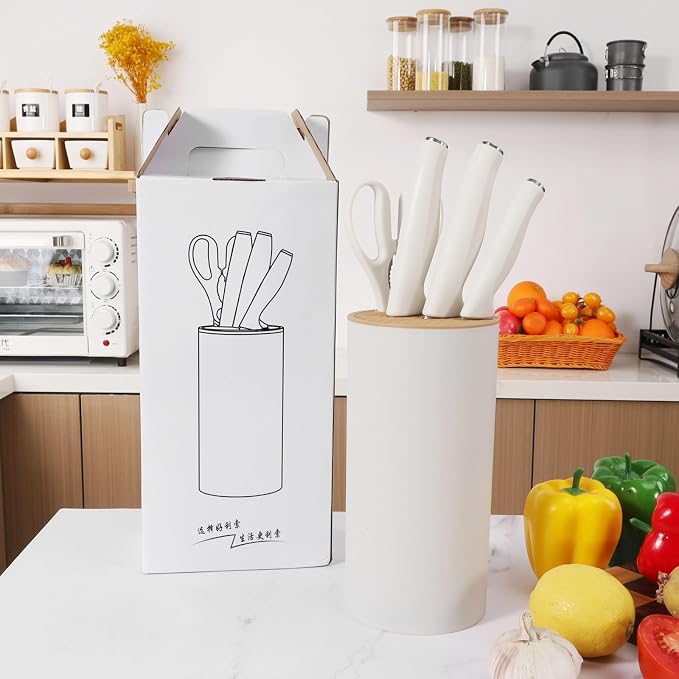 Small Knife Block Set, Modern Kitchen Knife Scissors with Universal Round Holder, Home Apartment New Kitchen Essentials, Space Saving, Keep Blade Dry(Beige White, 5PCS)