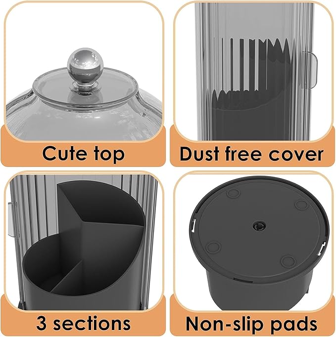 Toothbrush and Toothpaste Holders with Cover, Grey Black | Waterproof and Dustproof, 360° Rotating Base, Smooth Sliding Door, 3 Slots, for Bathroom Countertop