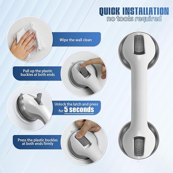 Hshbxd Grab Bars for Bathtubs and Showers, 2 Pack Shower Handles for Elderly with Strong Suction, 12 Inch Bathroom Shower Safety Bars for Seniors and Disabled for Wall