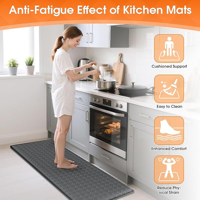 TranquilRelax Kitchen Mats, 2PCS Kitchen Rugs, Cushioned Anti Fatigue Kitchen Mats for Floor, Non-Slip Standing Sink Mat, Waterproof Kitchen Rug Set for Kitchen Floor Office,17.3"×30"+17.3"×47" Grey
