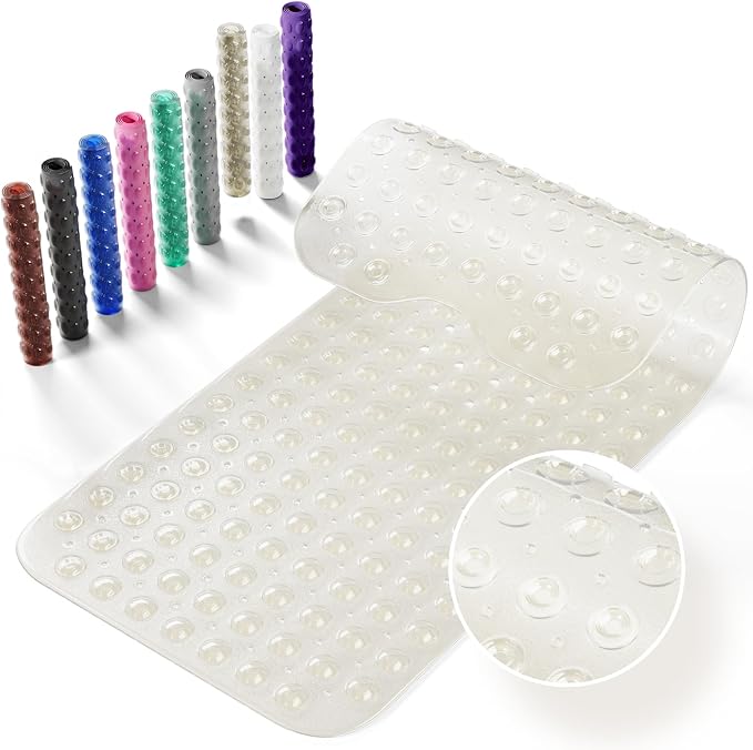 Non-Slip Bath Tub Mat, 39x16 Inch Extra Large Shower Mat with Drain Holes & Suction Cups, Machine Washable, Clear