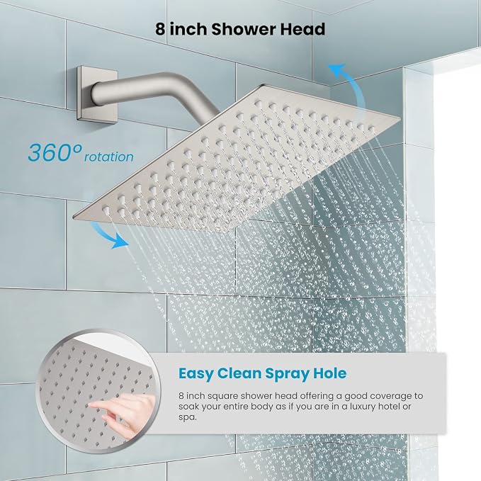 gotonovo Rainfall Bathroom Shower System Rain Shower Head and Handle Set Wall Mounted Shower Complete Combo Solid Brass Pressure Balancing Shower Mixer Valve 8 Inch Brushed Nickel