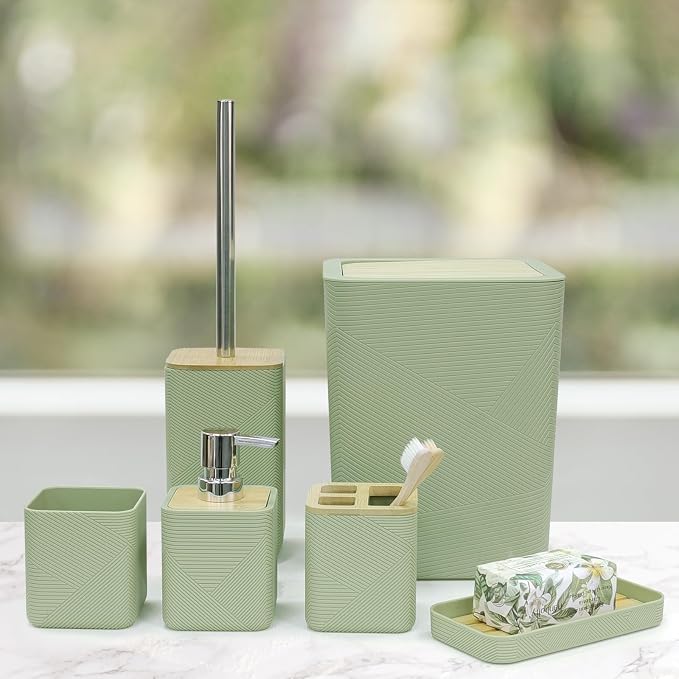 CERBIOR Bathroom Accessories Set 6 Piece Bamboo Bath Ensemble Includes Soap Dispenser, Toothbrush Holder, Toothbrush Cup, Soap Dish for Decorative Countertop and Housewarming Gift (Green)