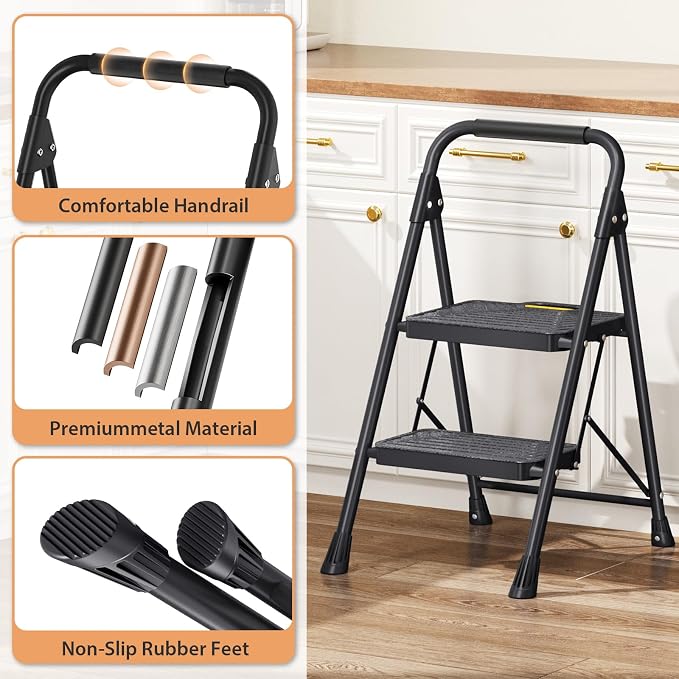 TOOLF 2 Step Ladder, Sturdy Steel Step Stool with Anti-Slip Wide Pedals, Handrail, Safe-Lock Design, Folding Portable Ladder for Multi-Purpose, Home, Kitchen, Pass 800lbs Load Testing, Black
