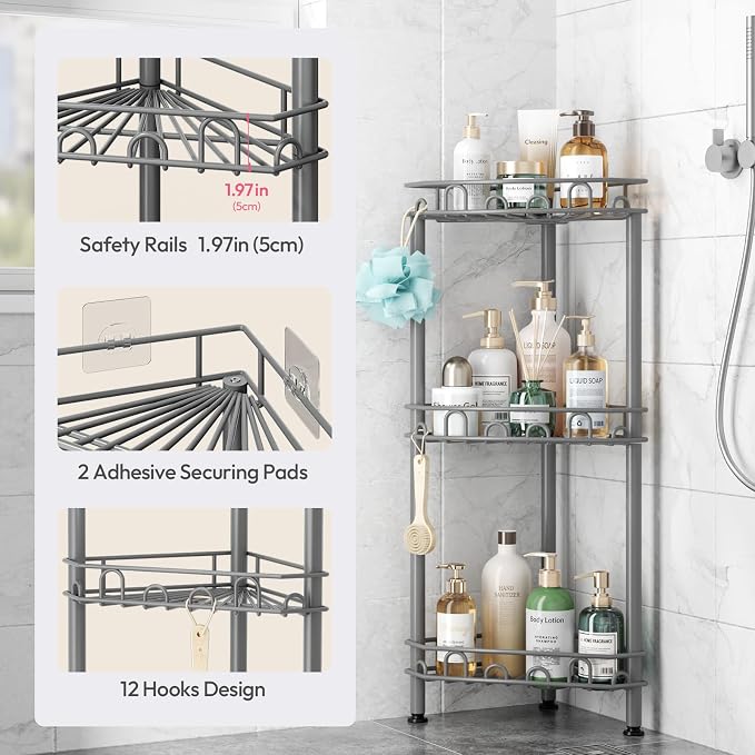 SWTYMIKI Standing Shower Caddy Corner - 3‑Tier Stainless Steel Shower Organizer Shelf with 12 Hooks and Adhesive Pads, Rustproof Corner Shelves Stand Rack for Bathroom Shower Room, Gray